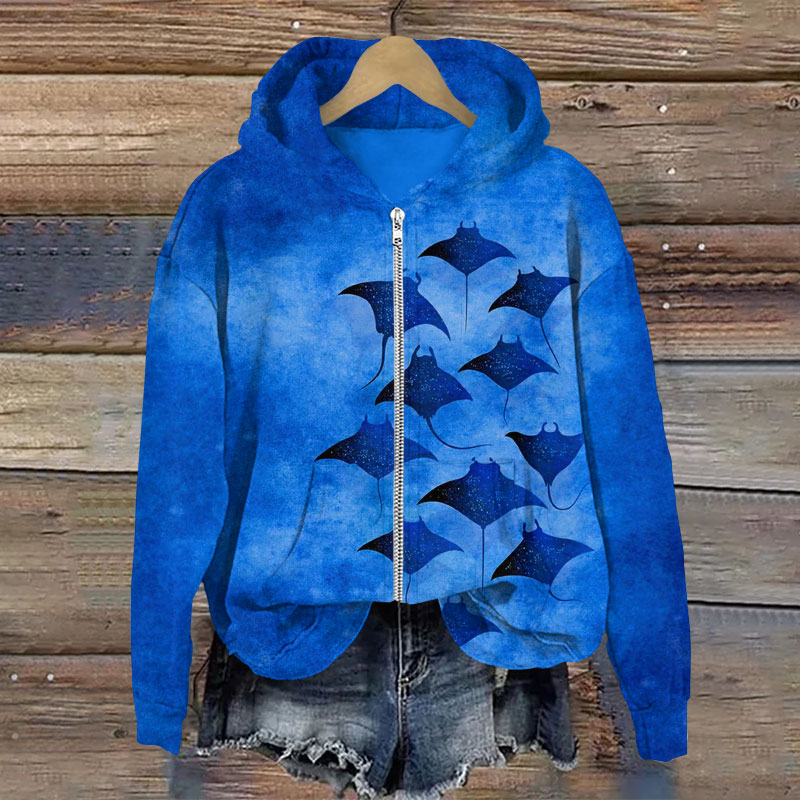 Vintage Manta Ray Art Print Long Sleeve Zipper Hoodie - Blue - US28-30(4XL) - image 3