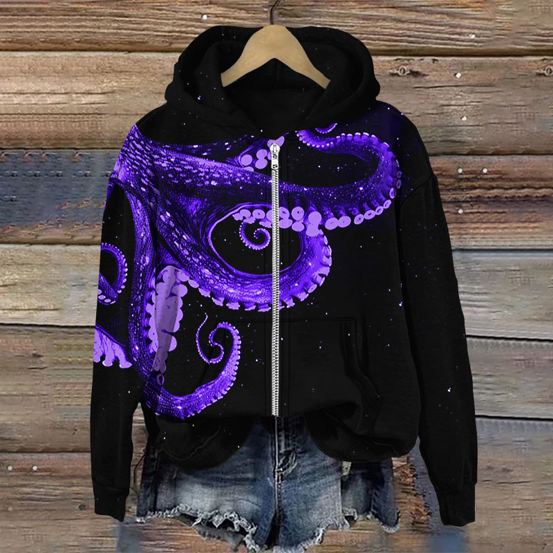 Three-dimensional Creative Octopus Print Long Sleeve Zipper Hoodie - Purple - US28-30(4XL) - image 2