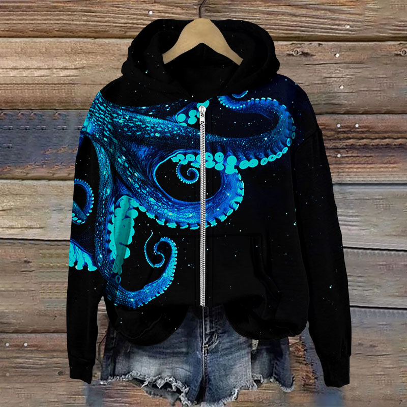 Three-dimensional Creative Octopus Print Long Sleeve Zipper Hoodie - Blue - US28-30(4XL) - image 1