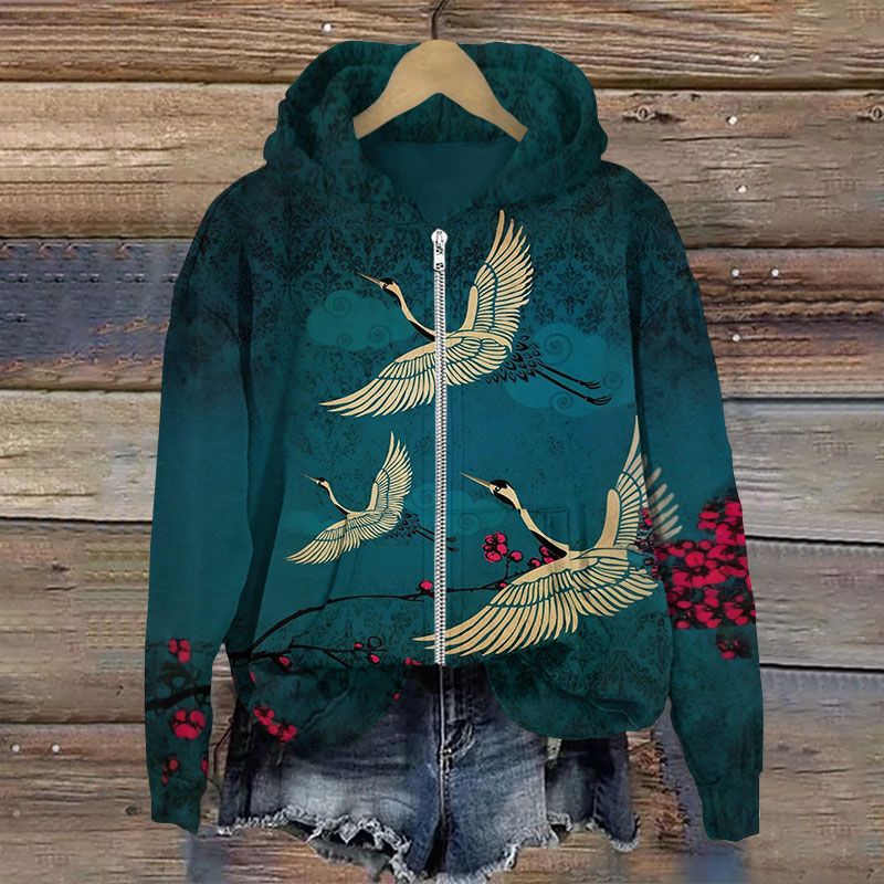Japanese Style Crane Print Long Sleeve zipper Hoodie - Dark Green - US28-30(4XL) - image 1