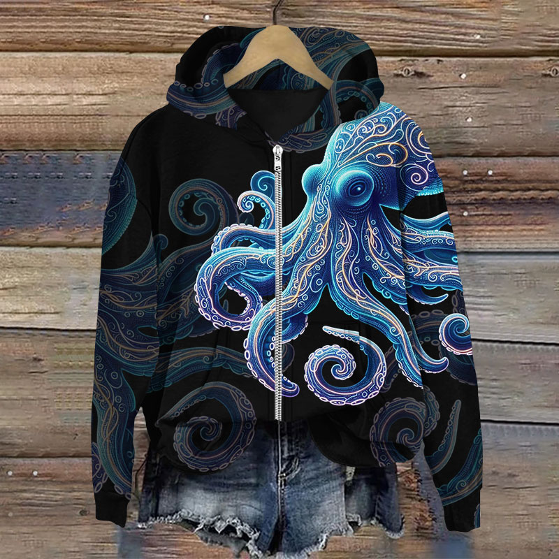 Vintage Wise Ocean Octopus Print Long Sleeve Zipper Hoodie - Black - US28-30(4XL) - image 2