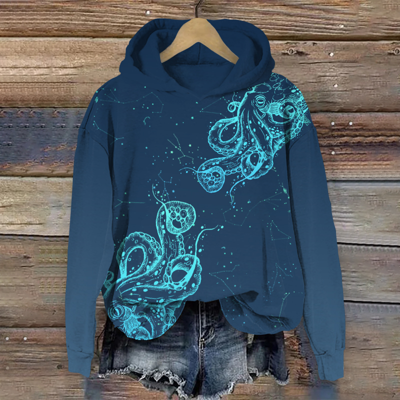 Vintage Fluorescent Line Octopus Art Print Long Sleeve Hoodie - Blue - US44-46(8XL) - image 1