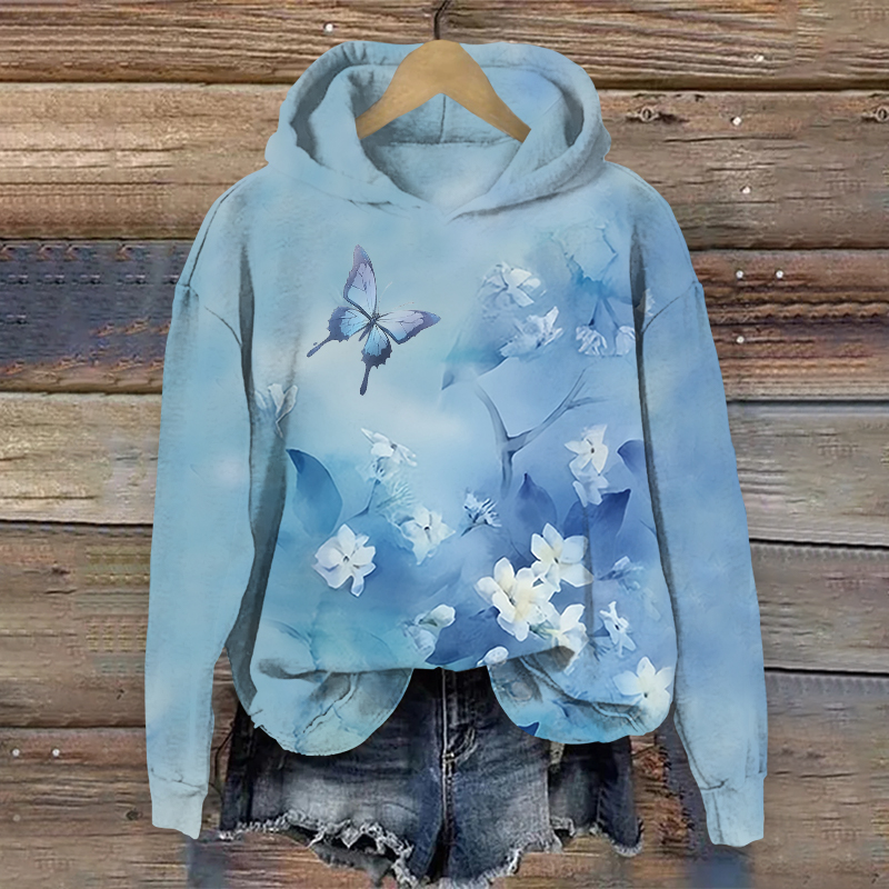 Japanese Watercolor Butterfly & Flowers Art Print Long Sleeve Hoodie - Blue - US44-46(8XL) - image 1