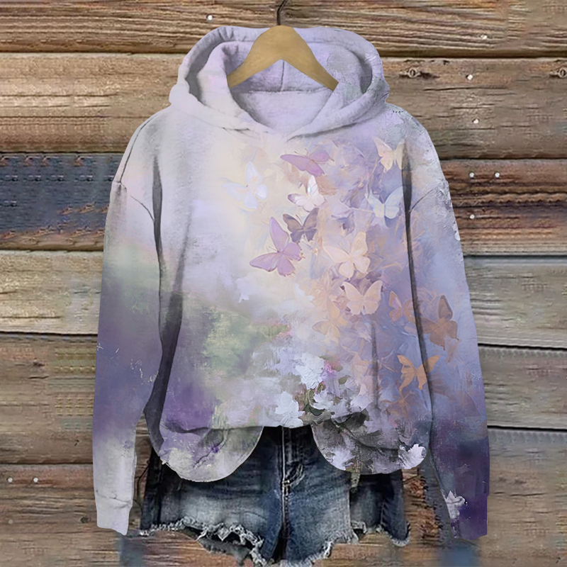 Japanese Fantasy Oil Painting Butterfly Art Print Long Sleeve Hoodie - Purple - US44-46(8XL) - image 2
