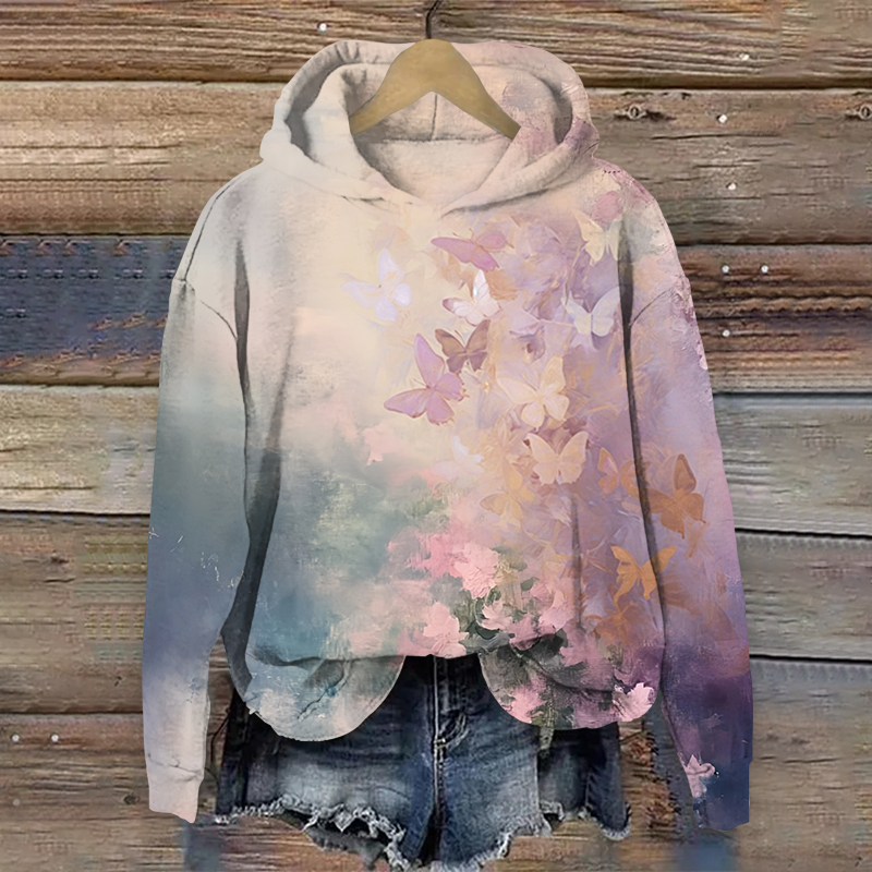 Japanese Fantasy Oil Painting Butterfly Art Print Long Sleeve Hoodie - Pink - US44-46(8XL) - image 1