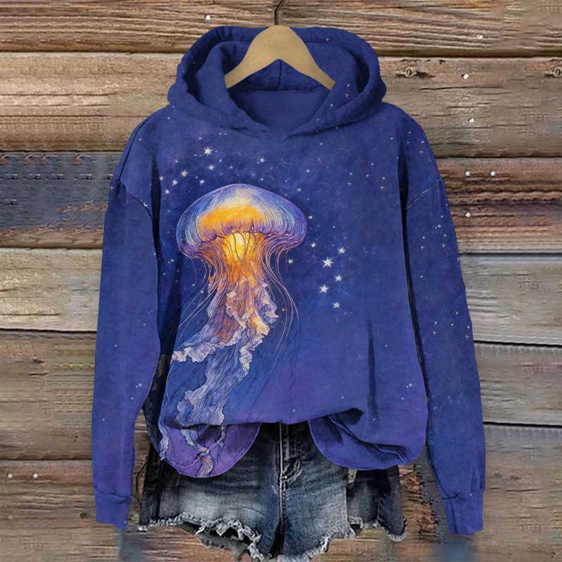Starry Fantasy Jellyfish Art Print Long Sleeve Hoodie - Blue - US44-46(8XL) - image 1