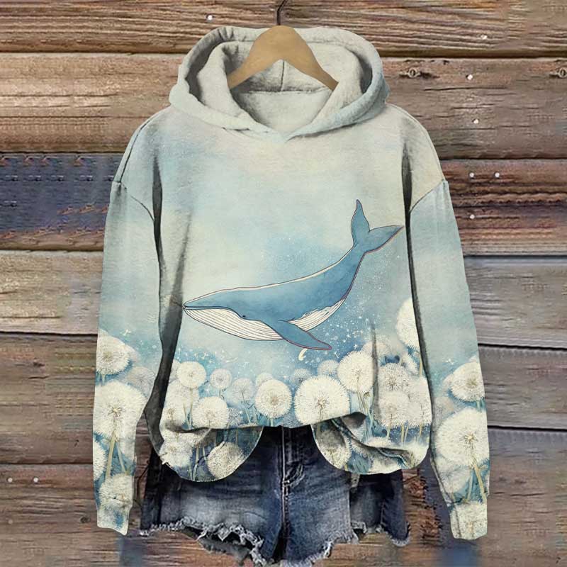 Lovely Whale Surrounded By Dandelion Art Print Long Sleeve Hoodie - Light Blue - US44-46(8XL) - image 2