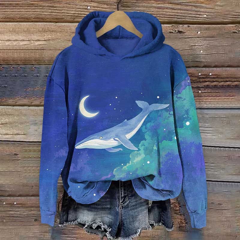 Cartoon Whale Swimming In The Sky Art Print Long Sleeve Hoodie - Blue - US44-46(8XL) - image 1