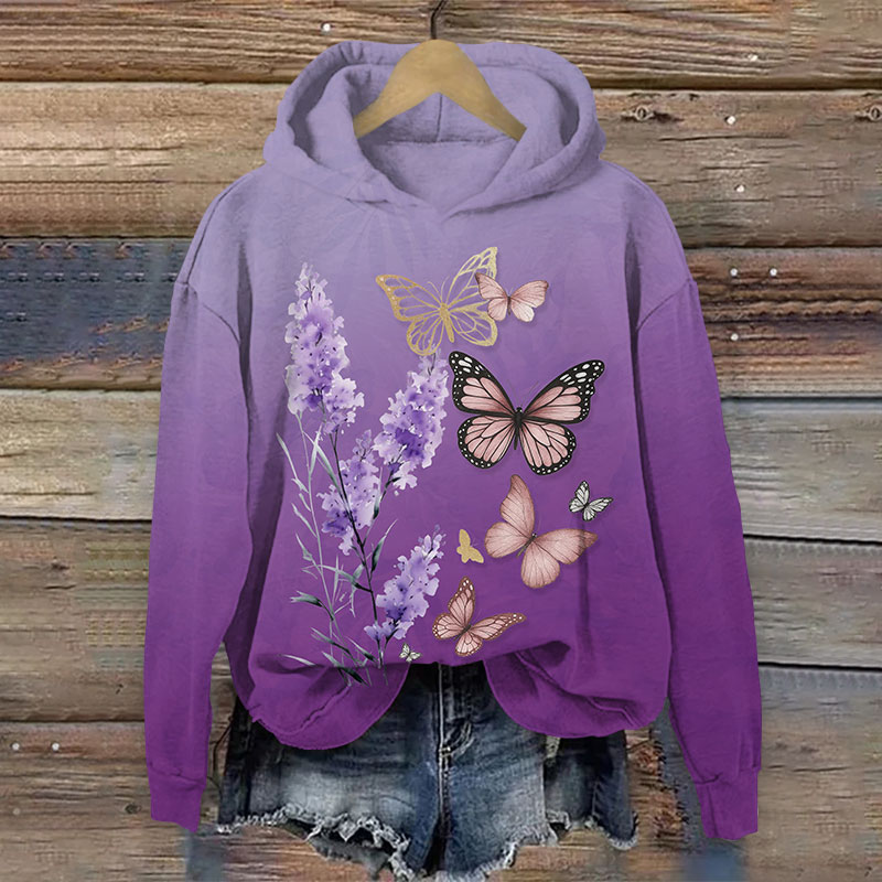 Vintage Romantic Lavender & Butterfly Art Print Long Sleeve Hoodie - Purple - US44-46(8XL) - image 2