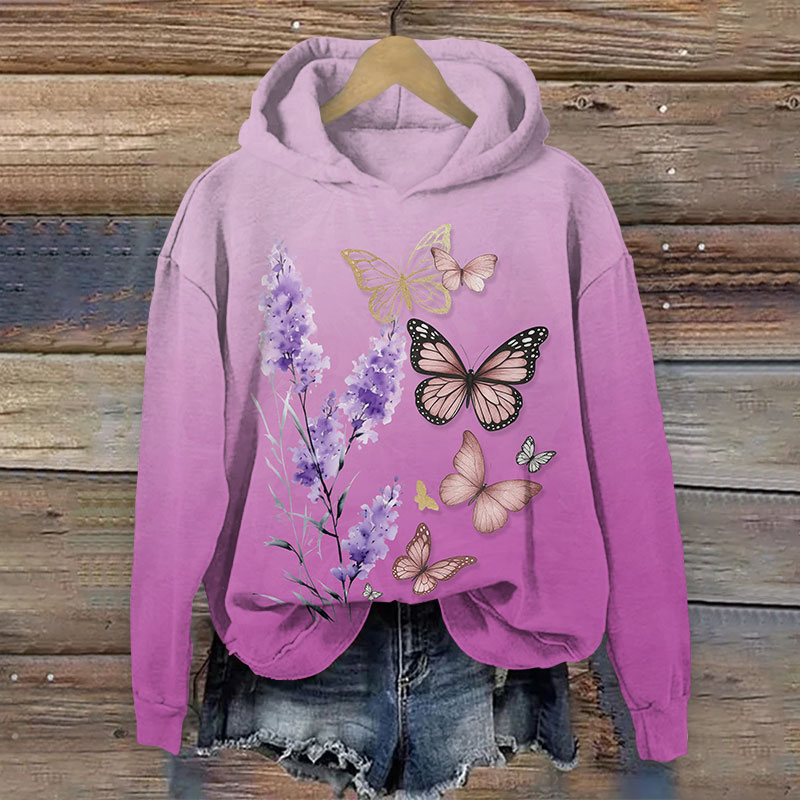 Vintage Romantic Lavender & Butterfly Art Print Long Sleeve Hoodie - Light Purple - US44-46(8XL) - image 1