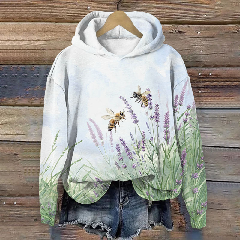 Lovely Wild Lavender & Bee Art Print Long Sleeve Hoodie - Light Blue - US44-46(8XL) - image 1