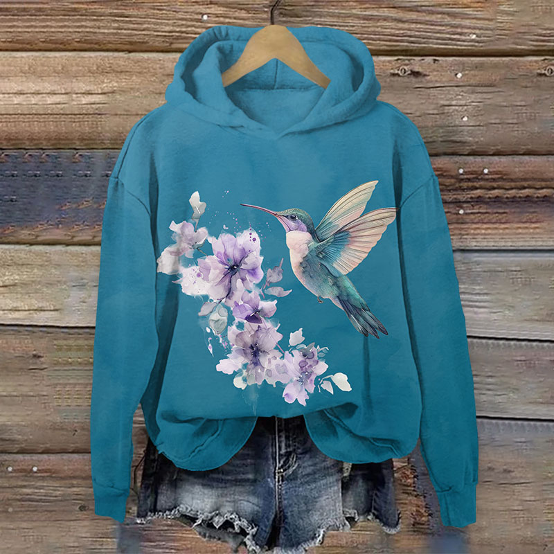 Retro Watercolor Flower & Bird Art Print Long Sleeve Hoodie - Blue - US44-46(8XL) - image 2