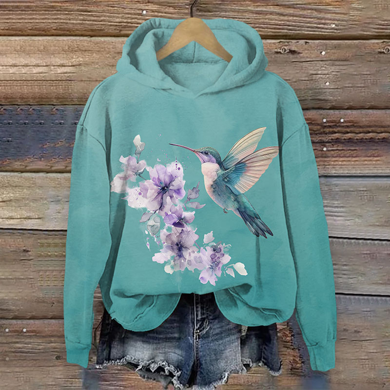 Retro Watercolor Flower & Bird Art Print Long Sleeve Hoodie - Green - US44-46(8XL) - image 1
