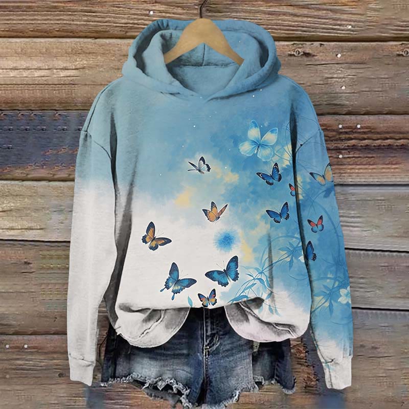 Gradient Colorful Butterfly Graphic Art Print Long Sleeve Hoodie - Blue - US44-46(8XL) - image 2