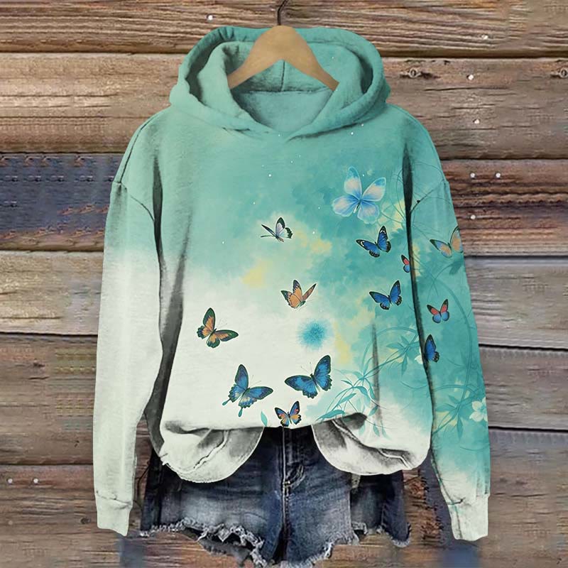 Gradient Colorful Butterfly Graphic Art Print Long Sleeve Hoodie - Green - US44-46(8XL) - image 1