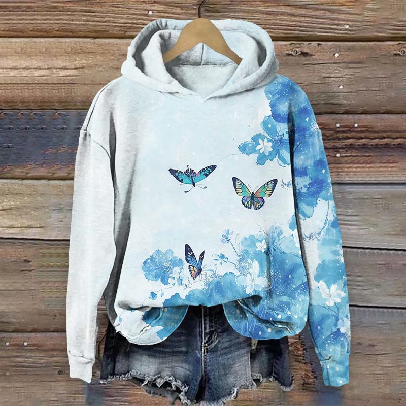 Floral and Butterfly Art Print Long Sleeve Hoodie - Blue - US44-46(8XL) - image 2