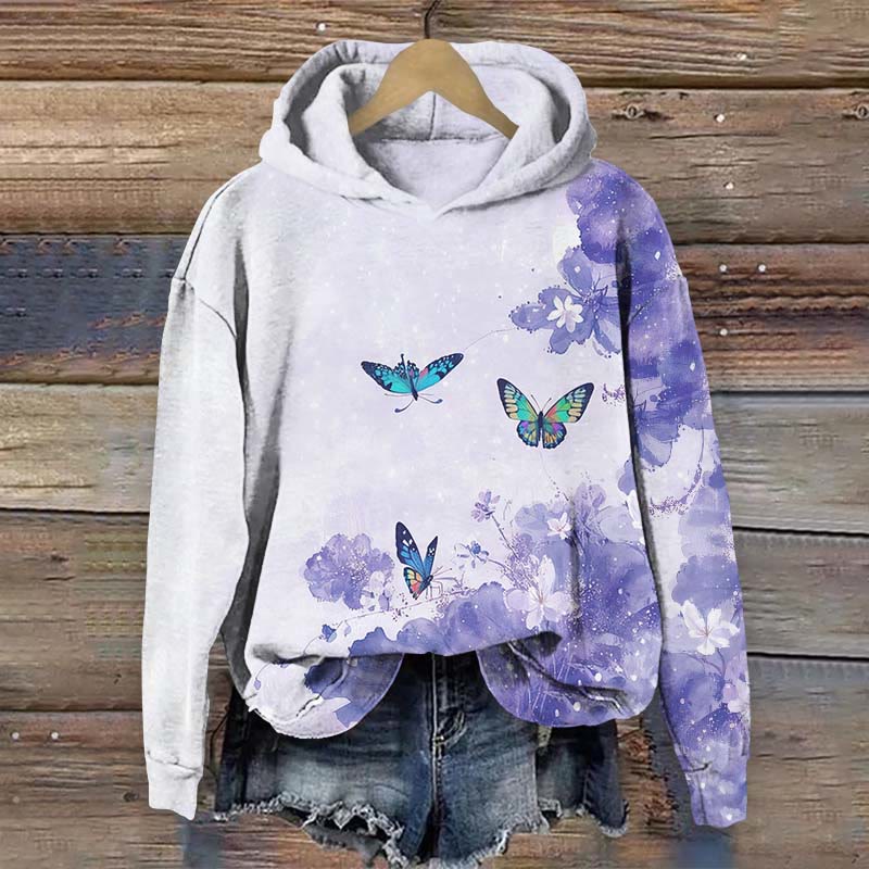 Floral and Butterfly Art Print Long Sleeve Hoodie - Purple - US44-46(8XL) - image 1