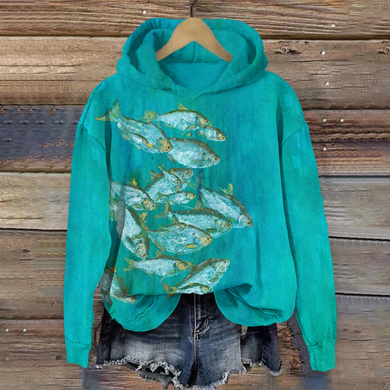 Swimming Fish Art Print Long Sleeve Hoodie - Lake Blue - US44-46(8XL) - image 1