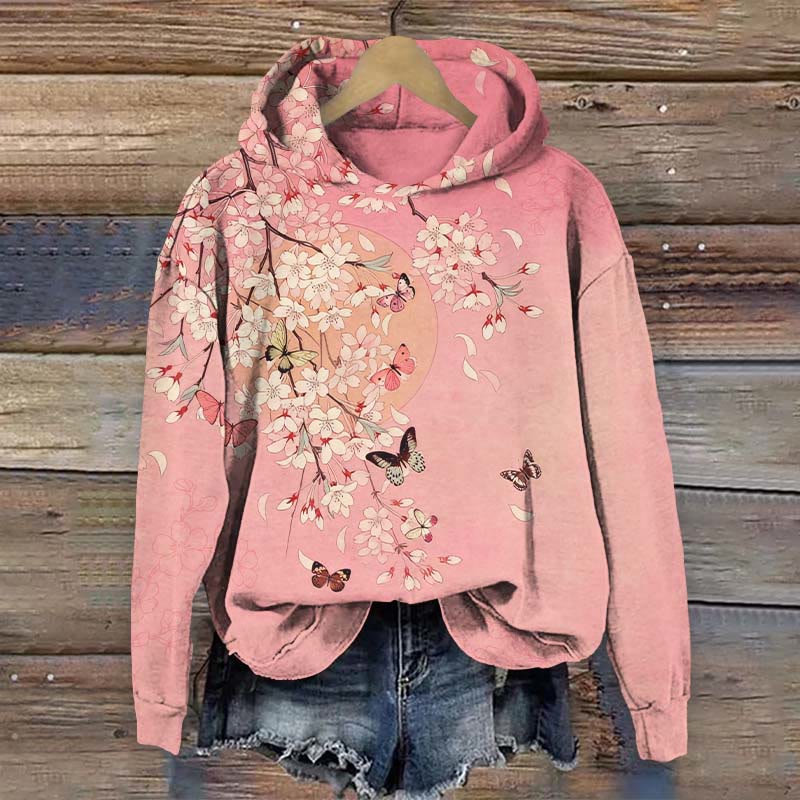 Japanese Cherry Blossom & Butterfly Art Print Long Sleeve Hoodie - Pink - US44-46(8XL) - image 1