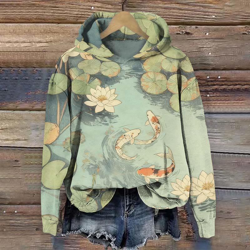 Japanese Koi Fish and Lotus Art Print Long Sleeve Hoodie - Green - US44-46(8XL) - image 1