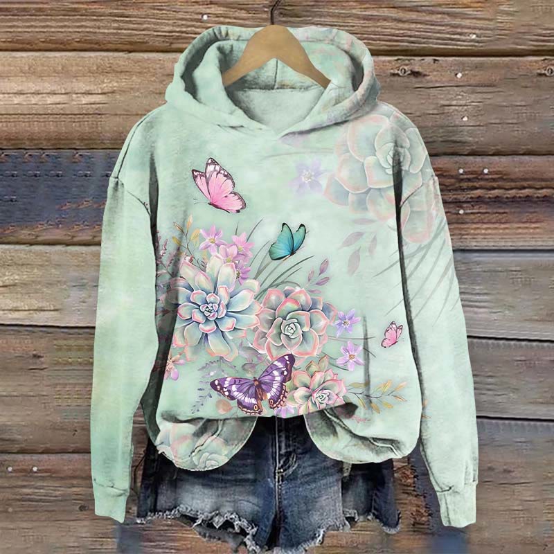 Nature Inspired Flowers And Butterfly  Art Print Long Sleeve Hoodie - Green - US44-46(8XL) - image 2