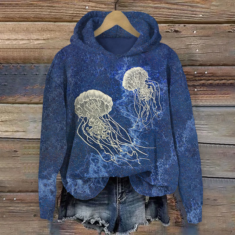 Floating Jellyfish Design art print Long Sleeve Hoodie - Navy Blue - US44-46(8XL) - image 1