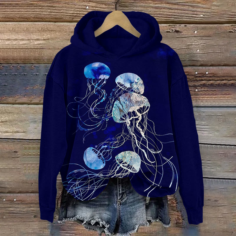 Ocean Blue With Jellyfish Art Print Long Sleeve Hoodie - Navy Blue - US44-46(8XL) - image 1