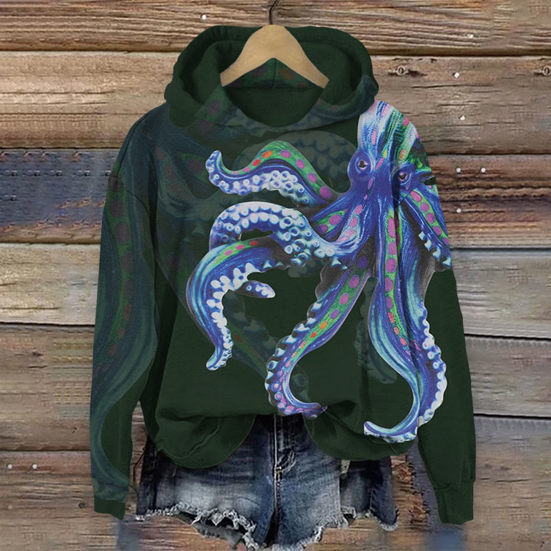 Octopus Painting Art Print Long Sleeve Hoodie - Dark Green - US44-46(8XL) - image 5