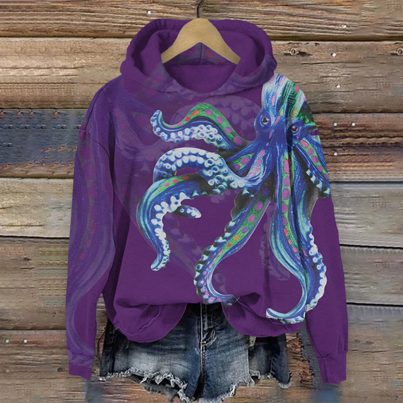 Octopus Painting Art Print Long Sleeve Hoodie - Purple - US44-46(8XL) - image 2