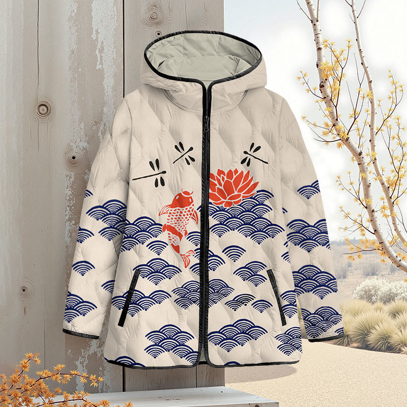 Japanese Style Koi Fish Dragonfly Wave Art Print Zipper Jackets - Apricot - 4XL - image 1