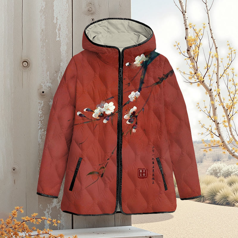 Vintage Plum Blossom Art Print Zipper Jackets - Red - 4XL - image 1