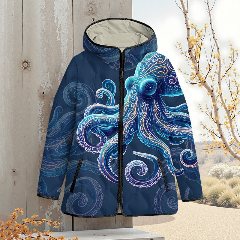 Vintage Wise Ocean Octopus Art Print Zipper Jackets - Blue - 4XL - image 1