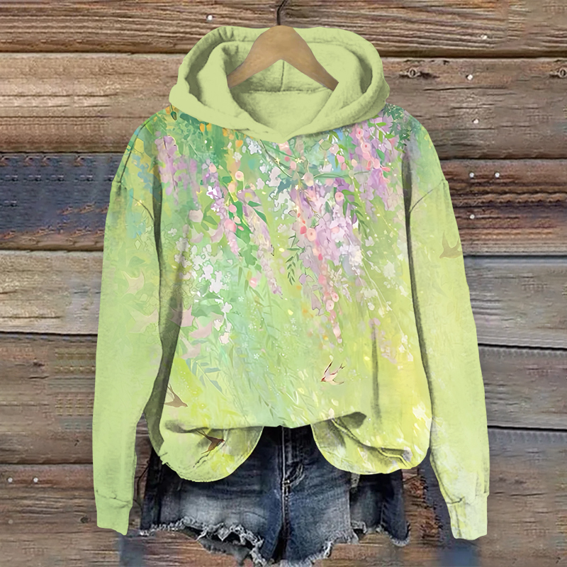 Oil Painting Colorful Flowers Art Print Long Sleeve Hoodie - Green - US44-46(8XL) - image 1