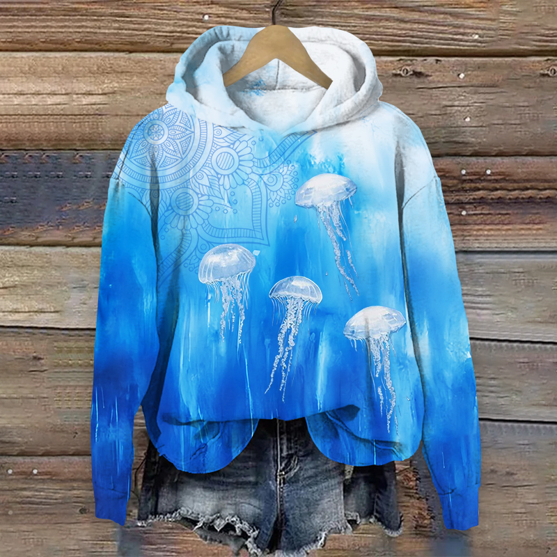 Oil Painting Transparent Jellyfish Art Print Long Sleeve Hoodie - Blue - US44-46(8XL) - image 1