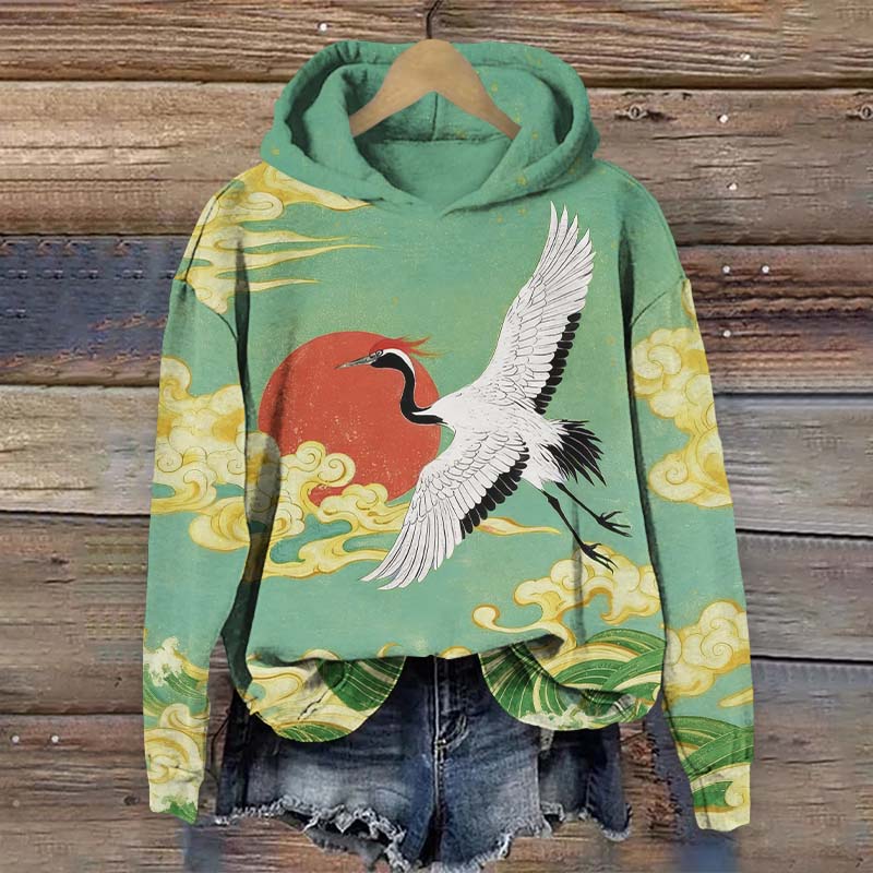 Japanese Watercolor Crane Painting  Art Print Long Sleeve Hoodie - Green - US44-46(8XL) - image 1