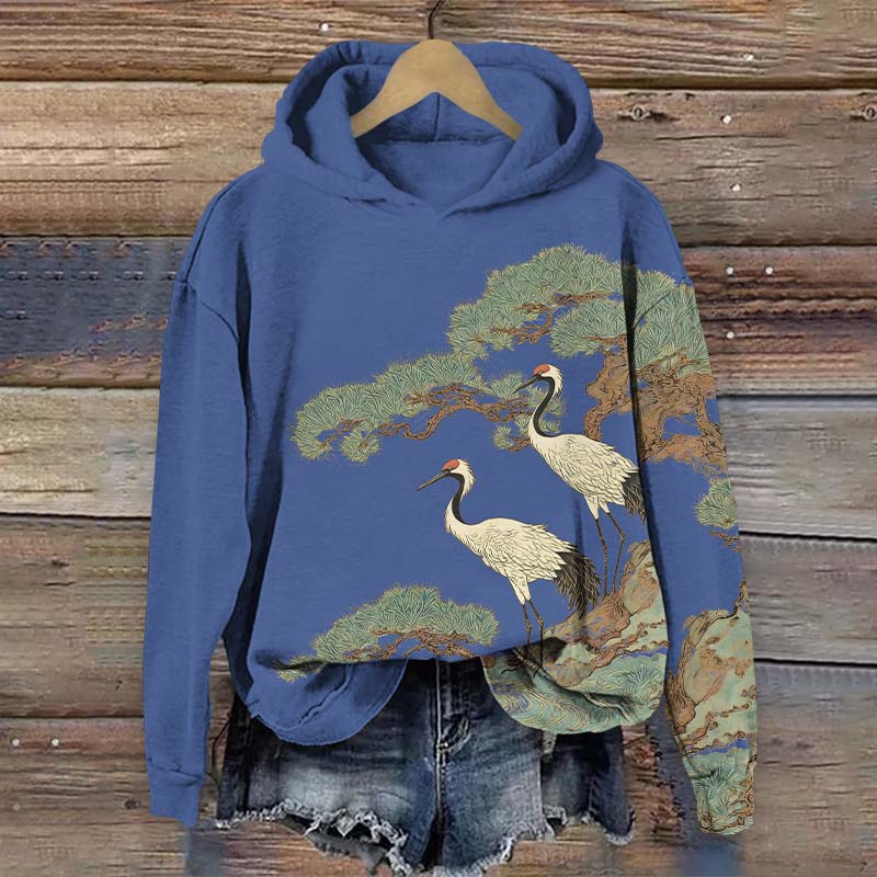 Japanese Vintage White Crane Standing On Pine Tree Art Print Long Sleeve Hoodie - Blue - US44-46(8XL) - image 2