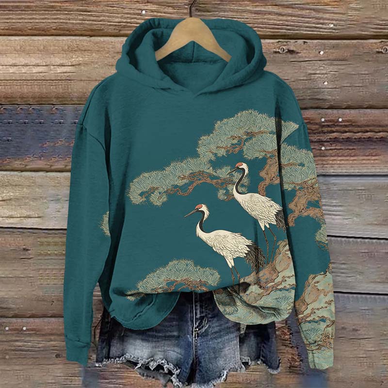 Japanese Vintage White Crane Standing On Pine Tree Art Print Long Sleeve Hoodie - Green - US44-46(8XL) - image 1