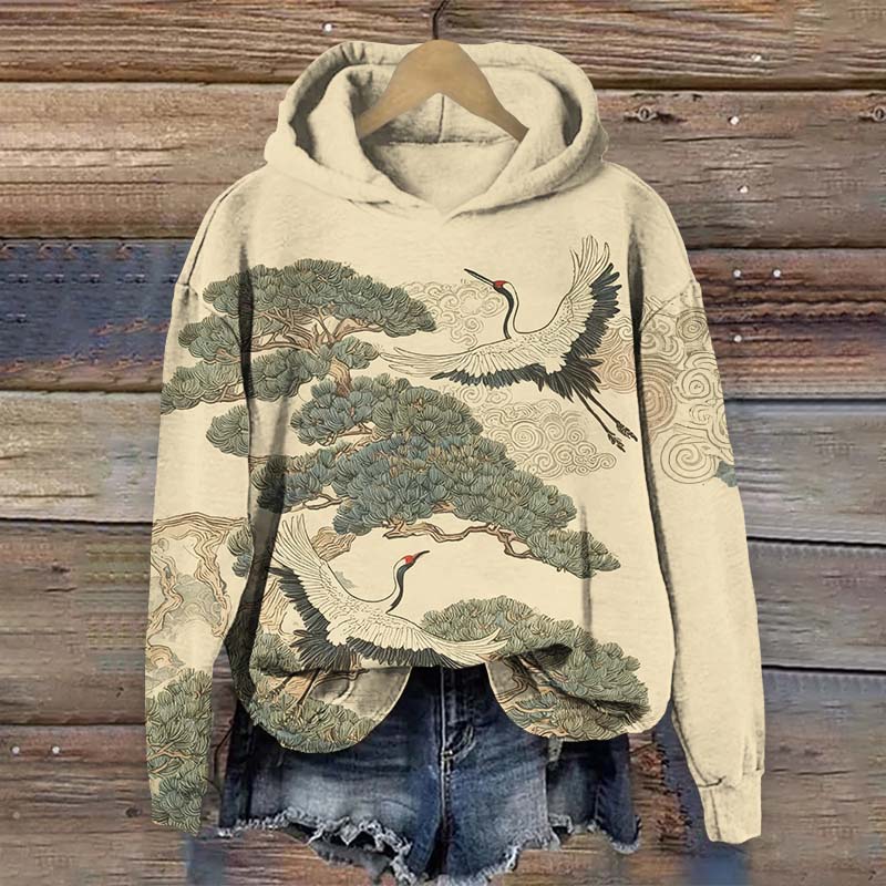 Japanese Retro Cranes Flying Around The Pine Tree Art Print Long Sleeve Hoodie - Apricot - US44-46(8XL) - image 1