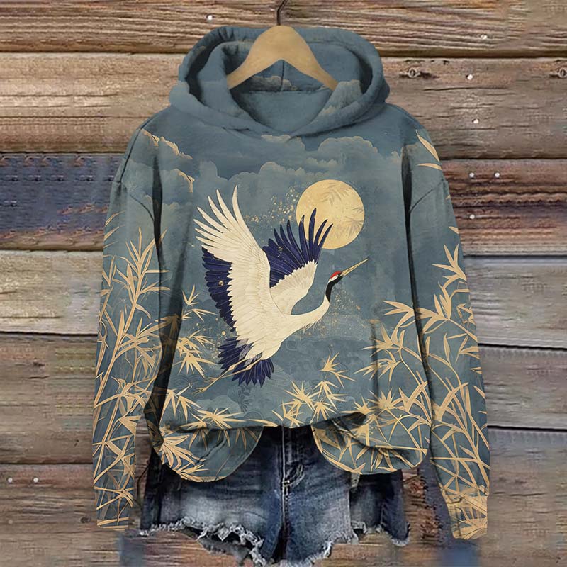 Japanese Elegant Crane In The Moonlight Art Print Long Sleeve Hoodie - Blue - US44-46(8XL) - image 1