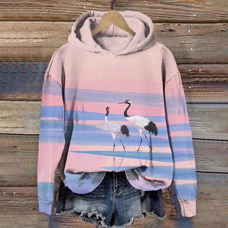 Japanese Romantic Sunset Couple Crane Walking By The Lake Art Print Long Sleeve Hoodie - Pink - US44-46(8XL) - image 1