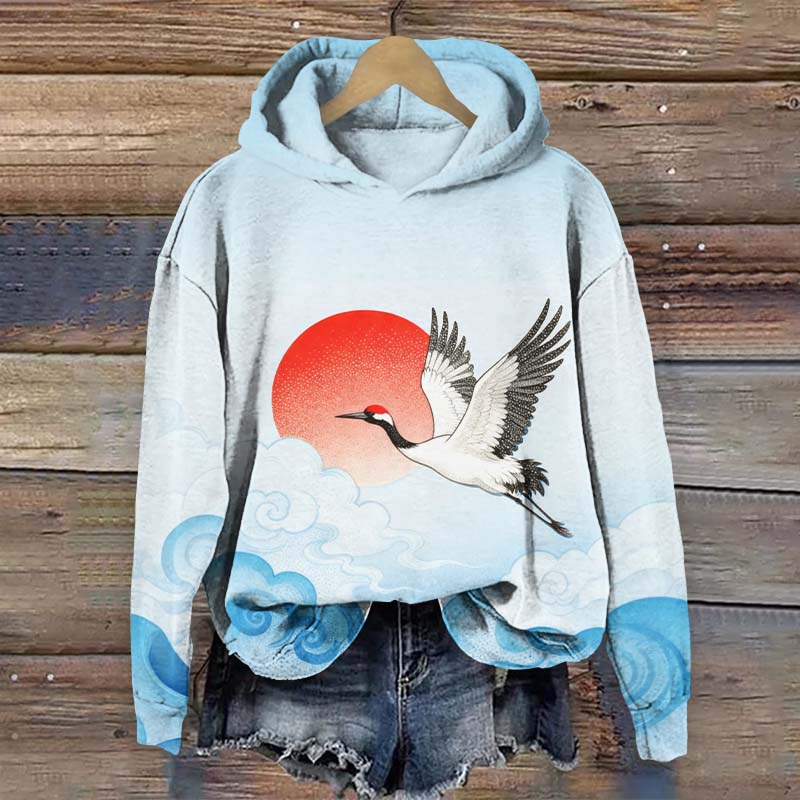 Japanese Watercolor Crane Flying Across The Sun Art Print Long Sleeve Hoodie - Light Blue - US44-46(8XL) - image 1