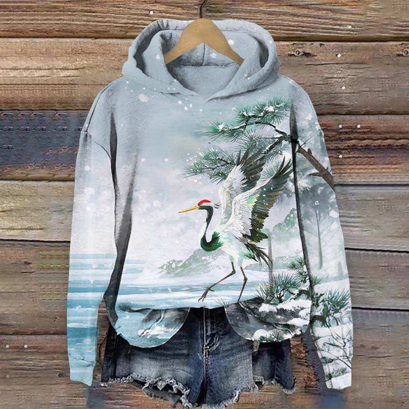 Japanese Winter Snowy Crane By The Sea Art Print Long Sleeve Hoodie - Blue - US44-46(8XL) - image 1