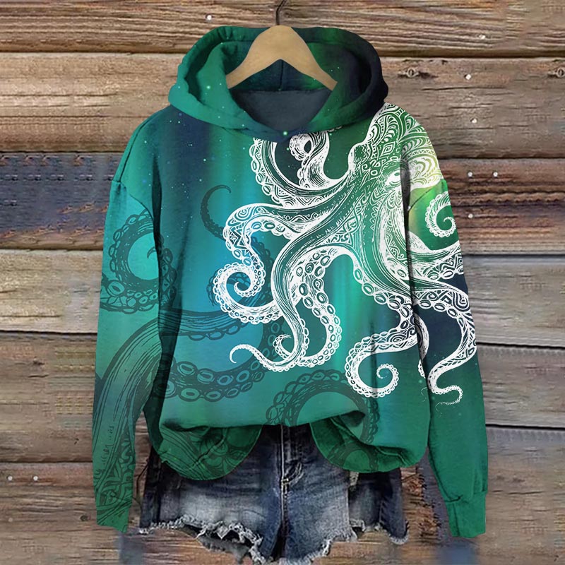 Japanese Ombre Aurora Octopus Art Print Long Sleeve Hoodie - Green - US44-46(8XL) - image 2