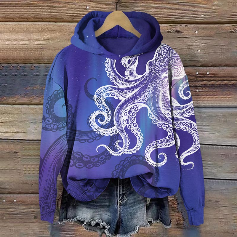 Japanese Ombre Aurora Octopus Art Print Long Sleeve Hoodie - Blue - US44-46(8XL) - image 1