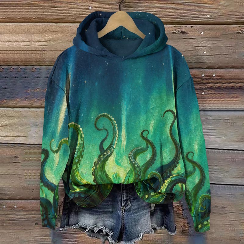 Creative Ombre Oil Painting Octopus Tentacles Art Print Long Sleeve Hoodie - Green - US44-46(8XL) - image 1
