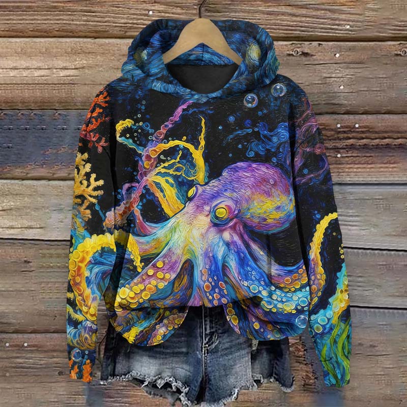 Oil Painting Colorful Underwater Octopus Art Print Long Sleeve Hoodie - Multicolor - US44-46(8XL) - image 1