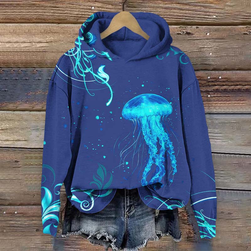 Retro Fantasy Glowing Jellyfish Art Print Long Sleeve Hoodie - Blue - US44-46(8XL) - image 2