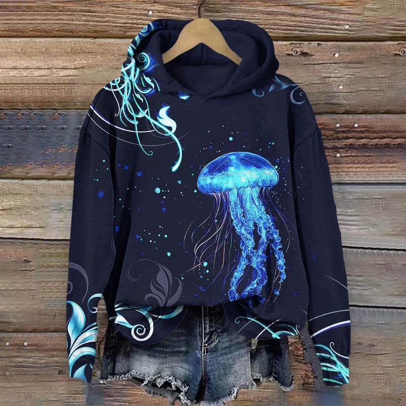 Retro Fantasy Glowing Jellyfish Art Print Long Sleeve Hoodie - Dark Blue - US44-46(8XL) - image 1