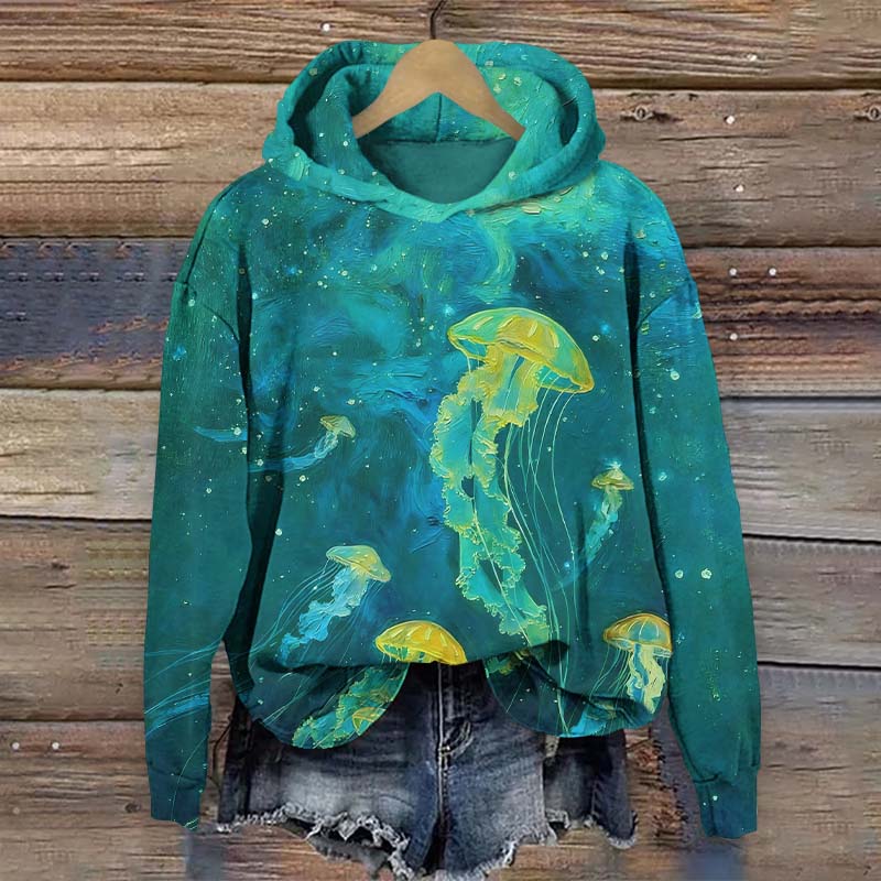 Stunning Oil Painting Jellyfish Art Print Long Sleeve Hoodie - Green - US44-46(8XL) - image 2