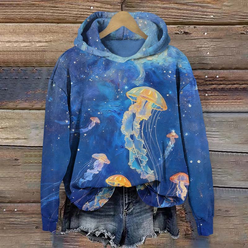 Stunning Oil Painting Jellyfish Art Print Long Sleeve Hoodie - Blue - US44-46(8XL) - image 1